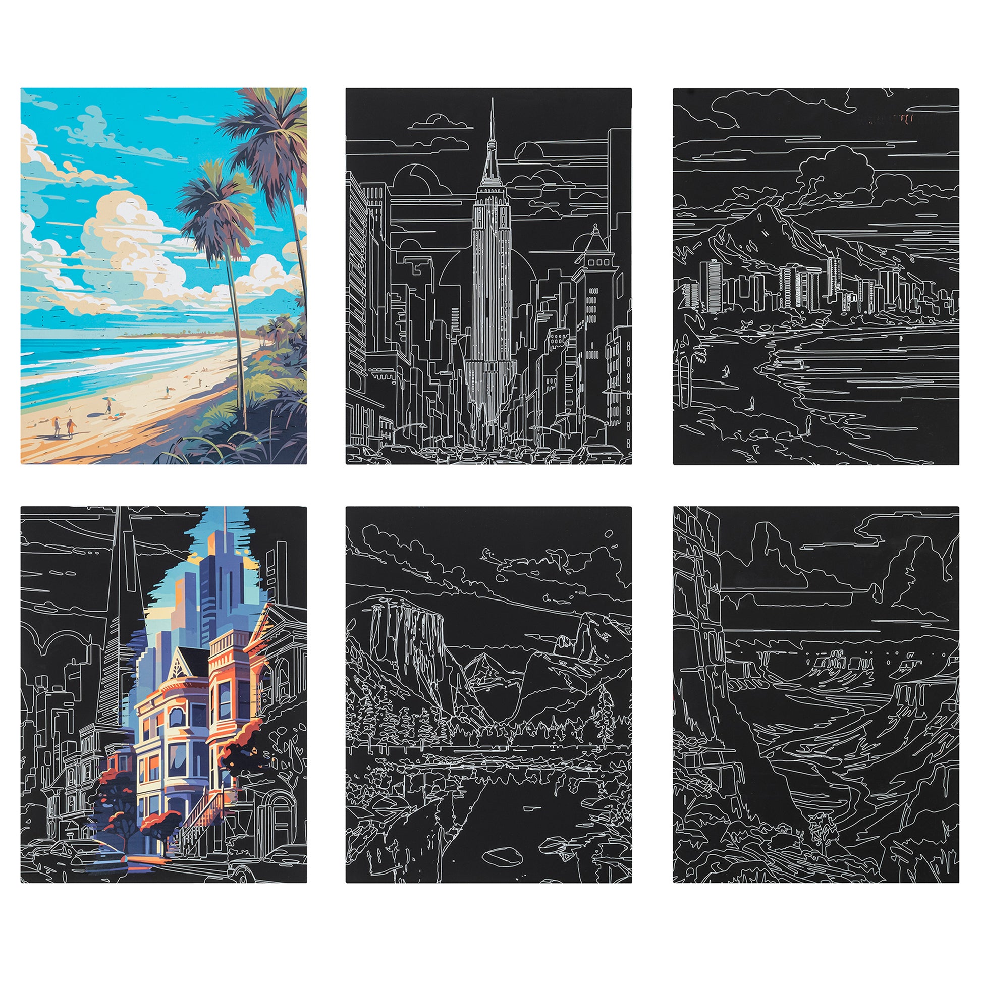 Scratch Art Paper Pad Destinations kit with 6 travel landmark designs including beach, cityscape, and mountain scenes