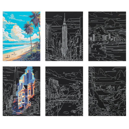 Scratch Art Paper Pad Destinations kit with 6 travel landmark designs including beach, cityscape, and mountain scenes