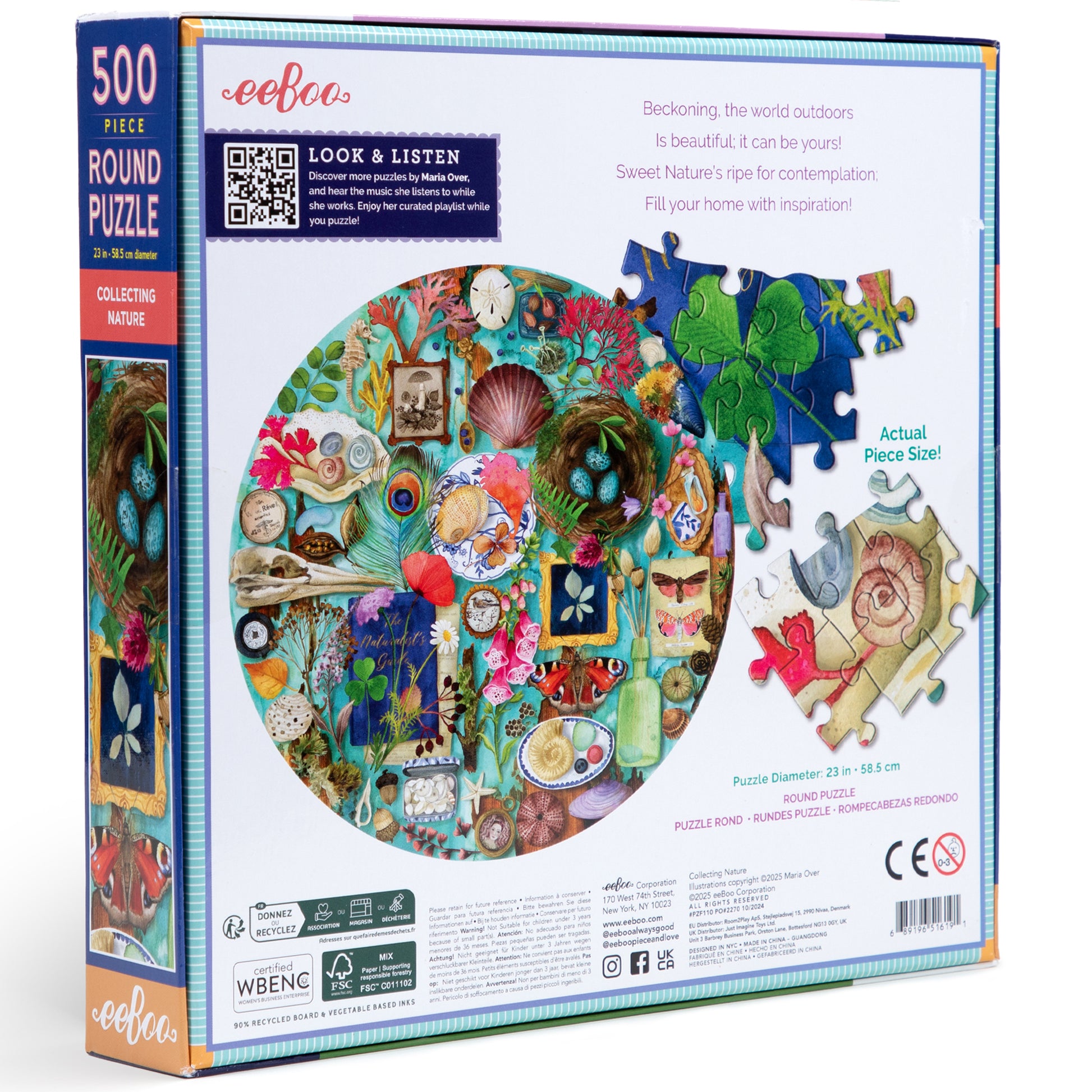 eeBoo Collecting Nature 500-piece round jigsaw puzzle box showing colorful illustrated oval design filled with flowers, plants, shells, vintage objects, and nat