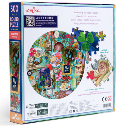 eeBoo Collecting Nature 500-piece round jigsaw puzzle box showing colorful illustrated oval design filled with flowers, plants, shells, vintage objects, and nat