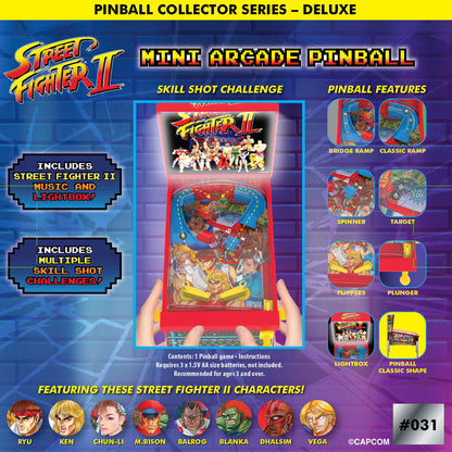 Street Fighter II Mini Arcade Pinball Deluxe red handheld game with lightbox and skill challenges