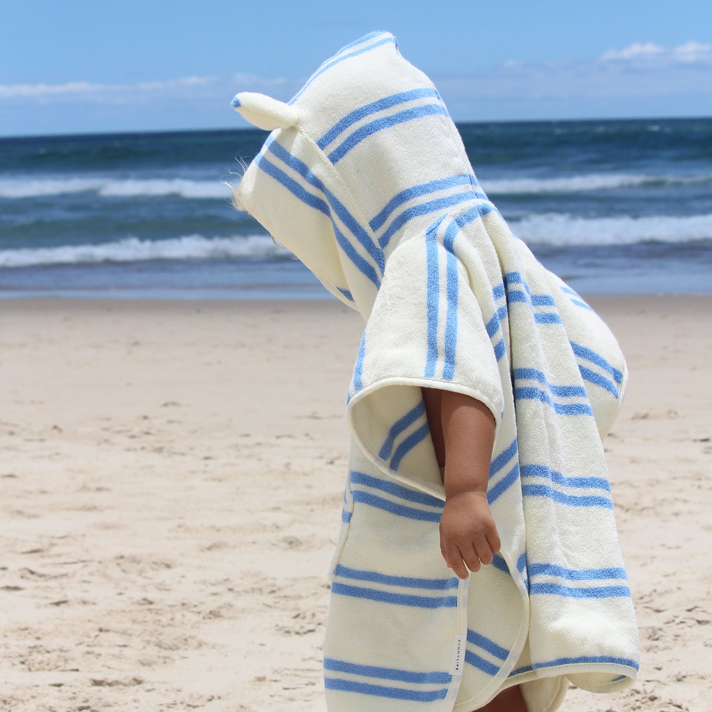 Kids Character Hooded Towel Sammy the Seagull blue stripe beach