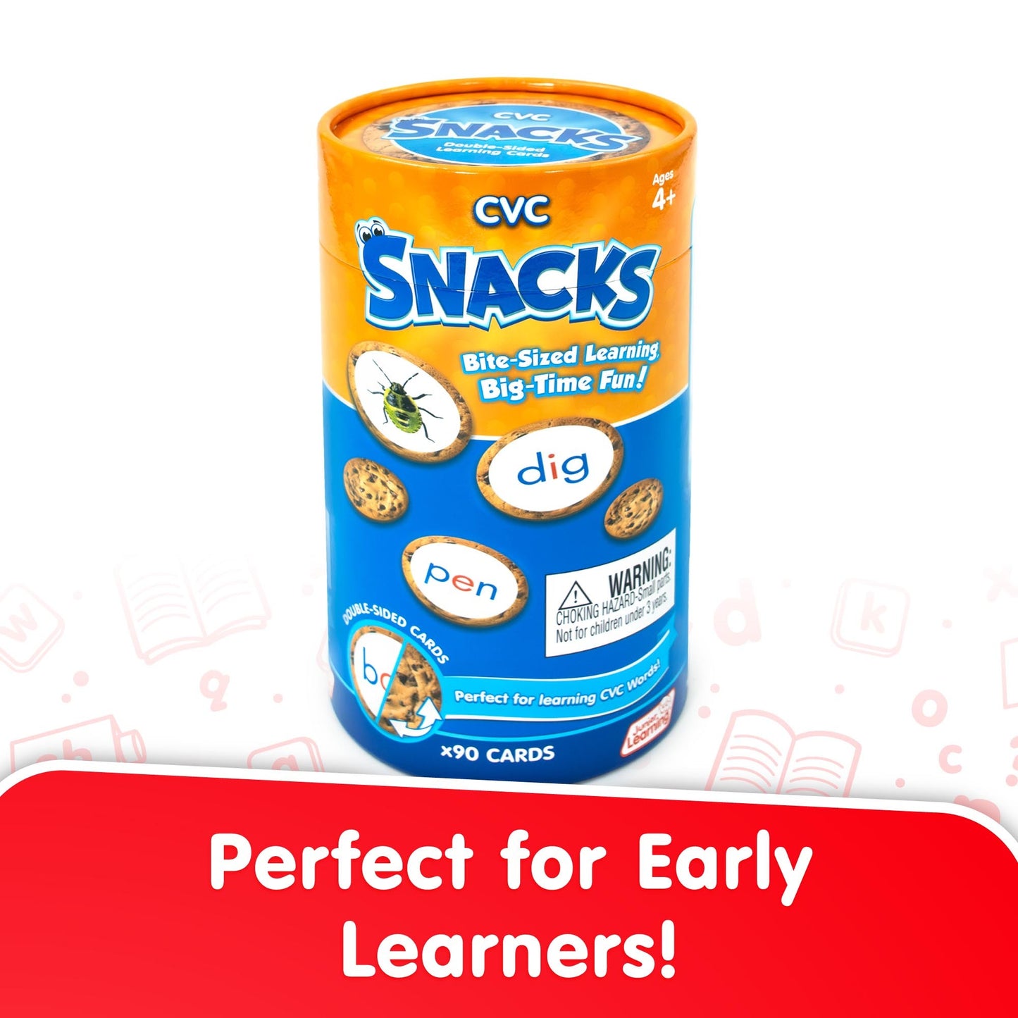 CVC Snacks learning cards in orange and blue canister with 90 cards