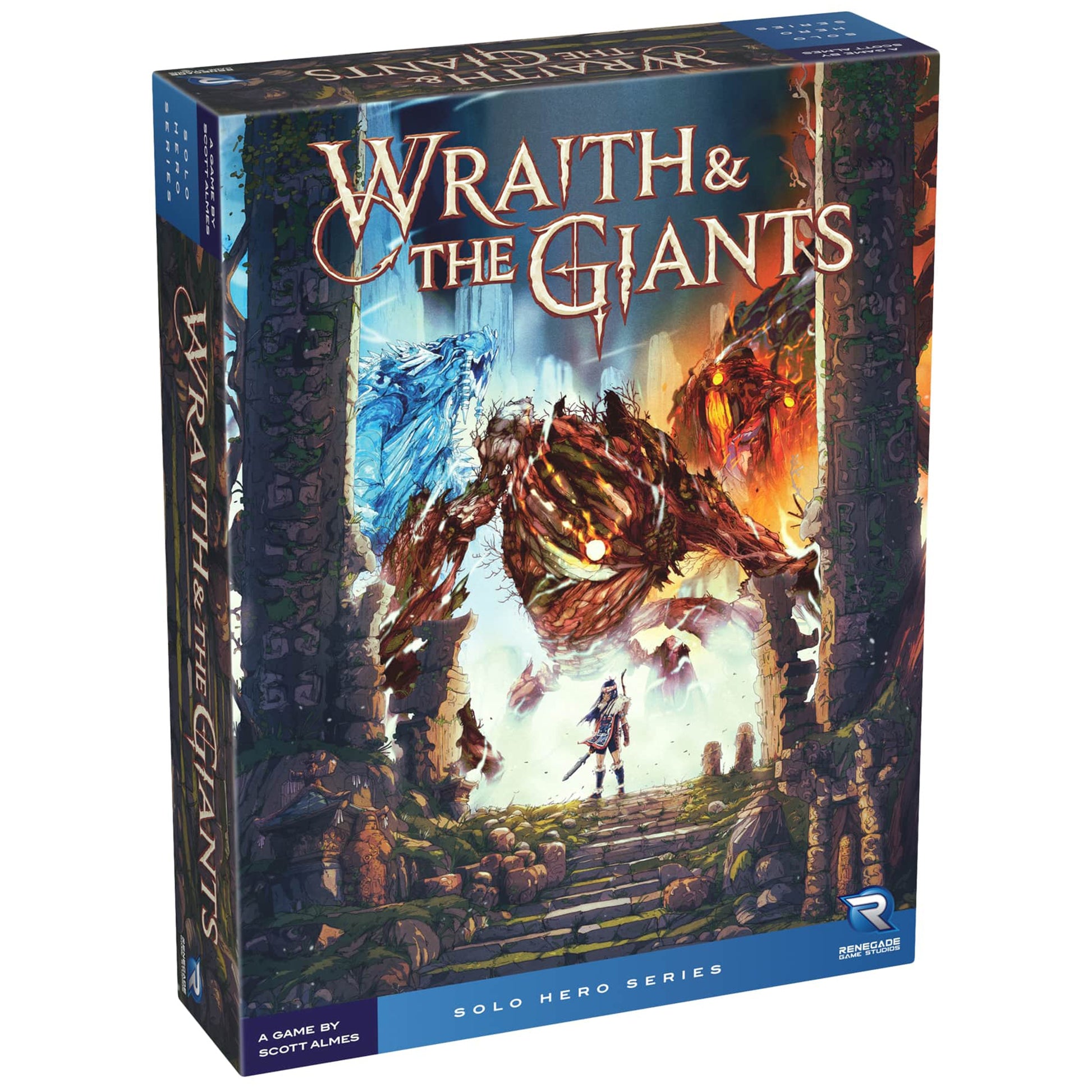 Wraith & The Giants Solo Hero Series board game box featuring fantasy artwork with a warrior facing giant creatures in a mystical landscape