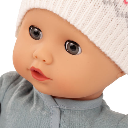 Gotz Muffin Baby Zig Zag 13 inch doll with white knit hat and gray romper
