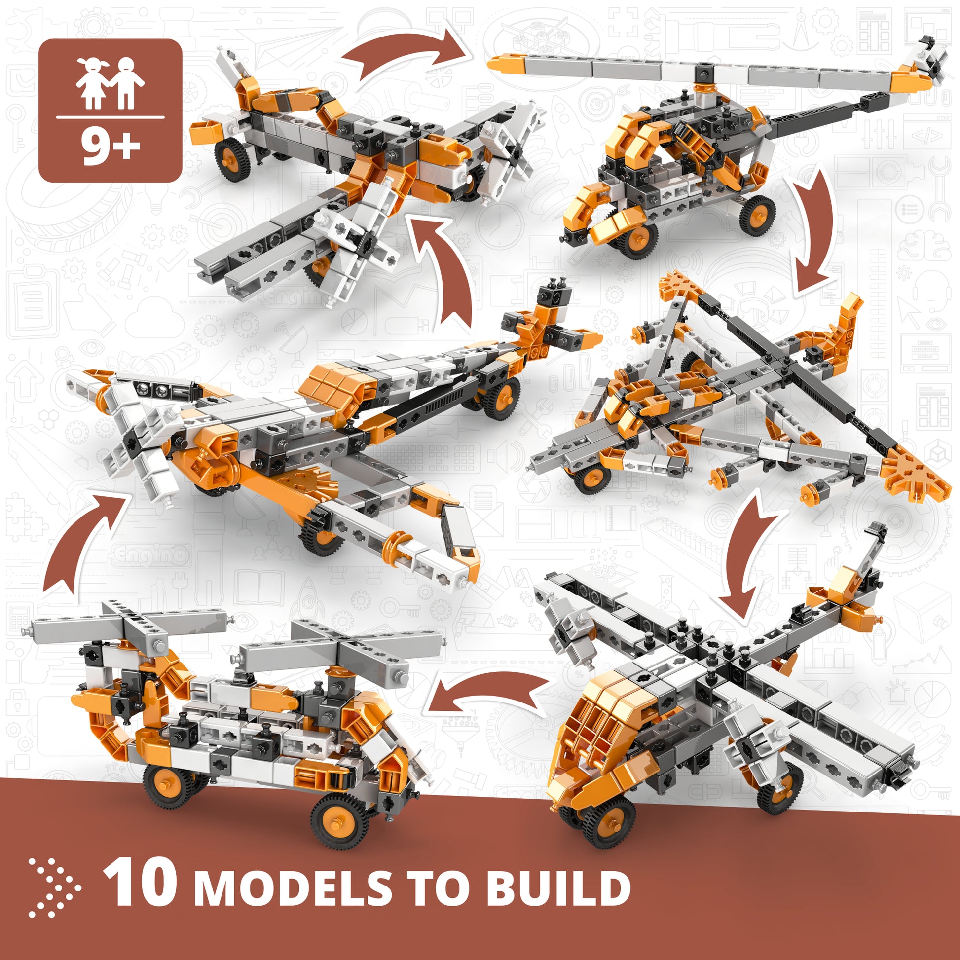 Engino STEM aircraft building set with 10 orange and white models including helicopter, plane, and vehicles