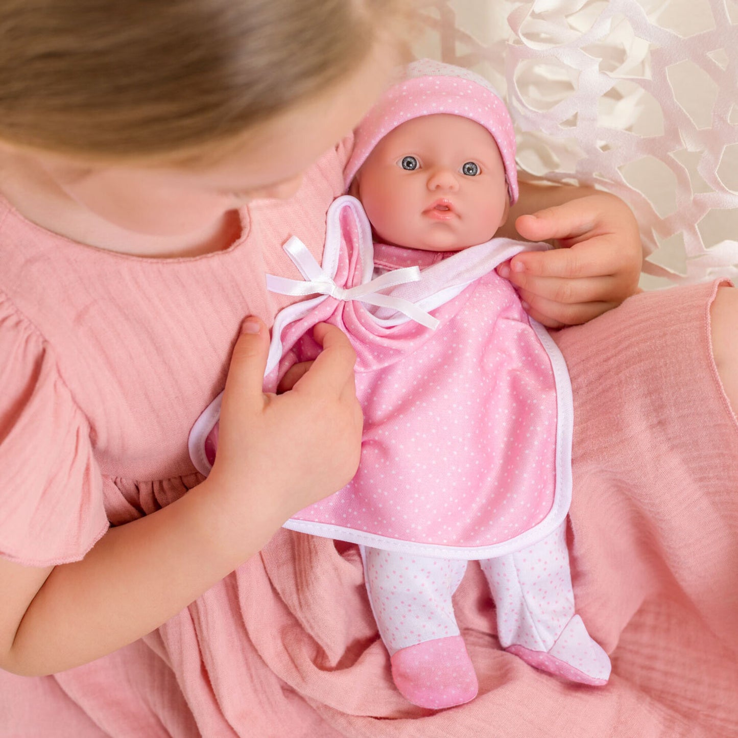 JC Toys La Baby 11 inch soft body doll in pink outfit with blanket and pacifier