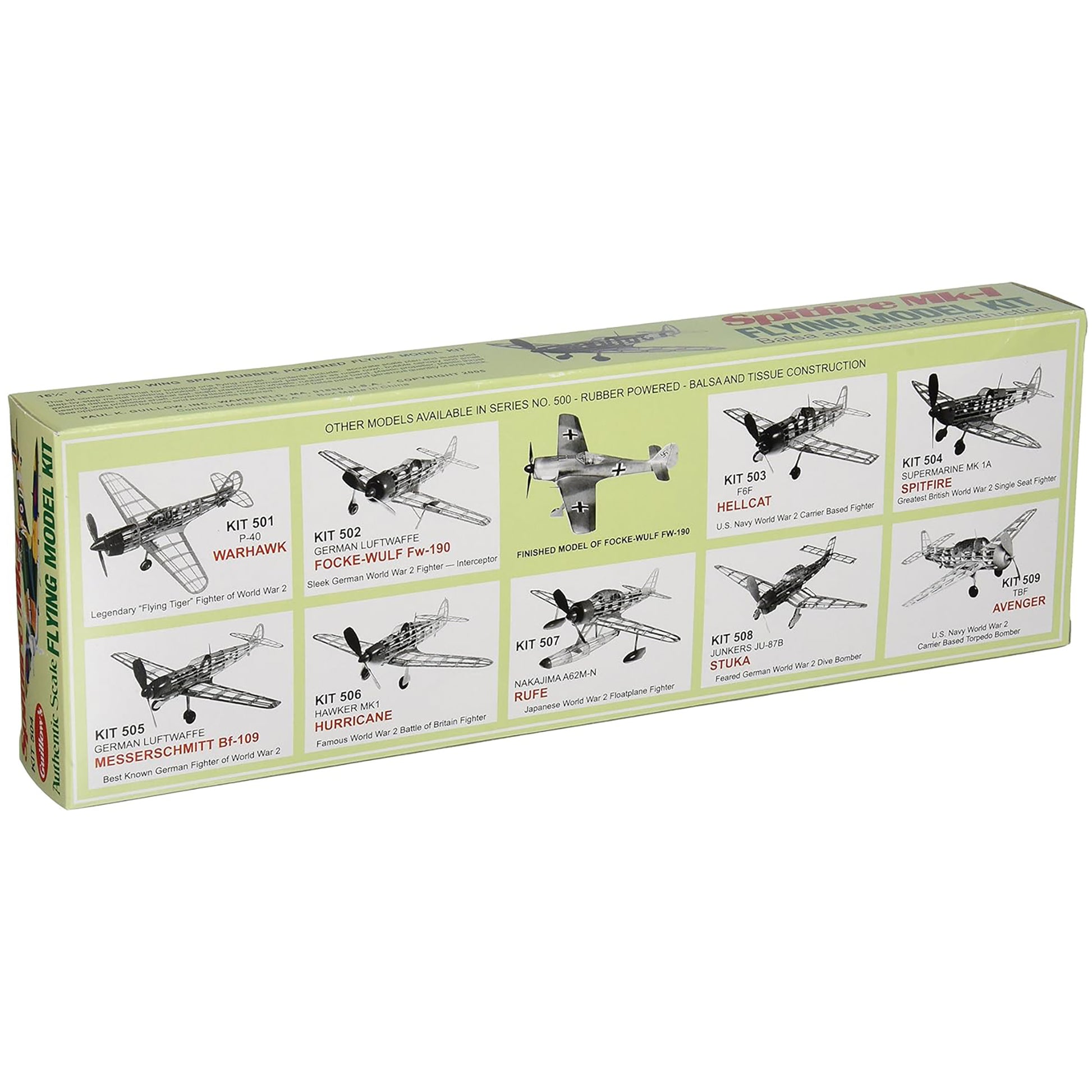Spitfire MK 1A World War 2 fighter plane model kit with rubber-powered balsa construction