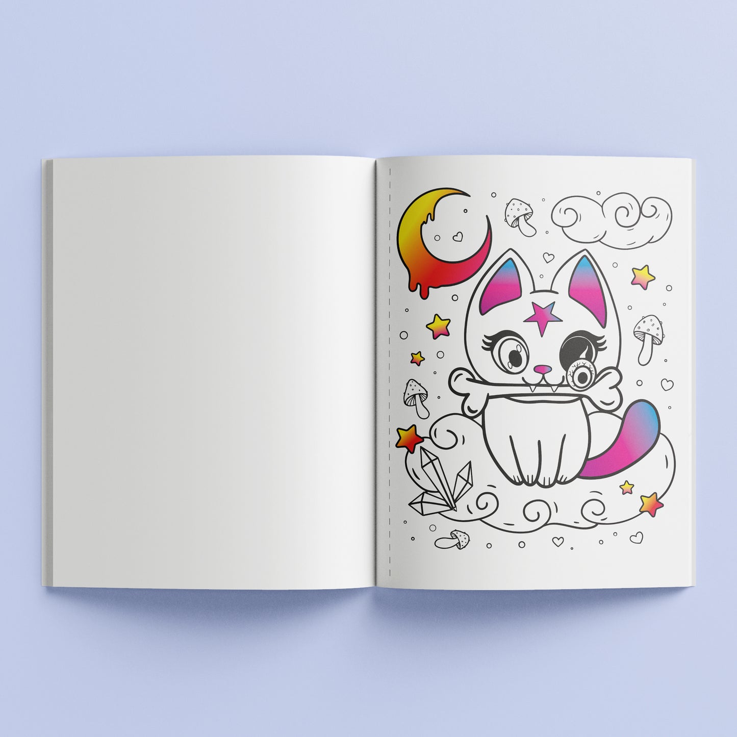 Kaleidoscope Pop Velvet Coloring book open showing cute cat illustration with moon and stars