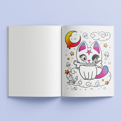 Kaleidoscope Pop Velvet Coloring book open showing cute cat illustration with moon and stars