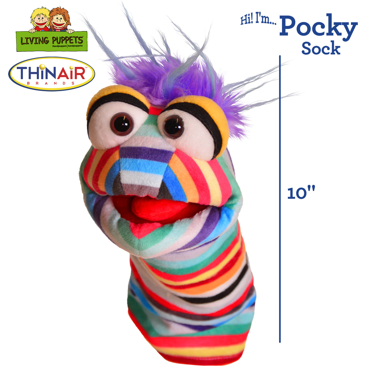 Living Puppets Pocky Sock hand puppet with purple spiky hair, colorful striped body, and movable mouth