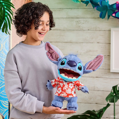 Disney Hawaiian Chatty Stitch Puppetronic plush toy with red floral shirt and pink ears