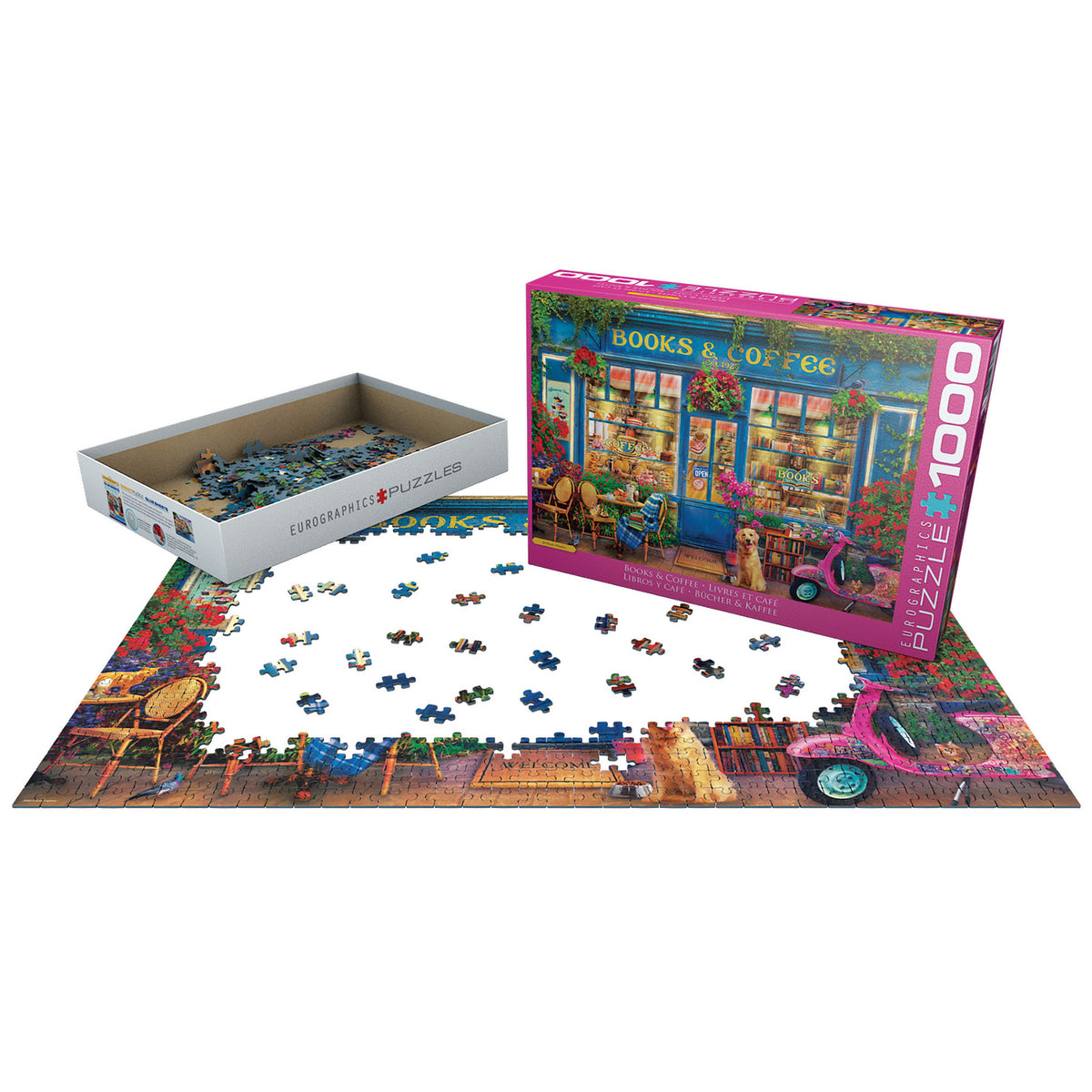 Eurographics Books & Coffee 1000 Piece Puzzle with colorful café scene and pink box