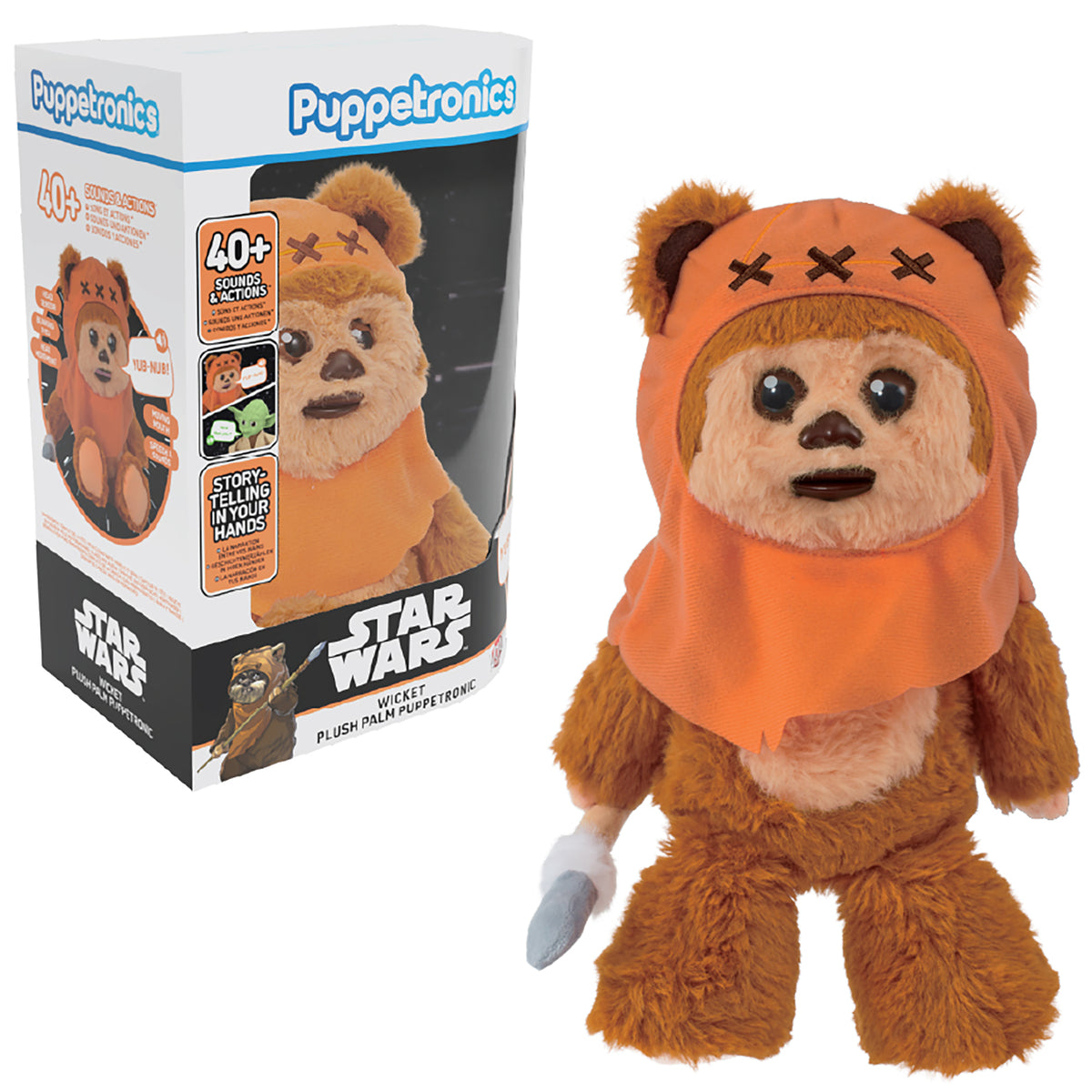 Star Wars Wicket Palm Puppetronic interactive Ewok puppet with orange hood and brown body