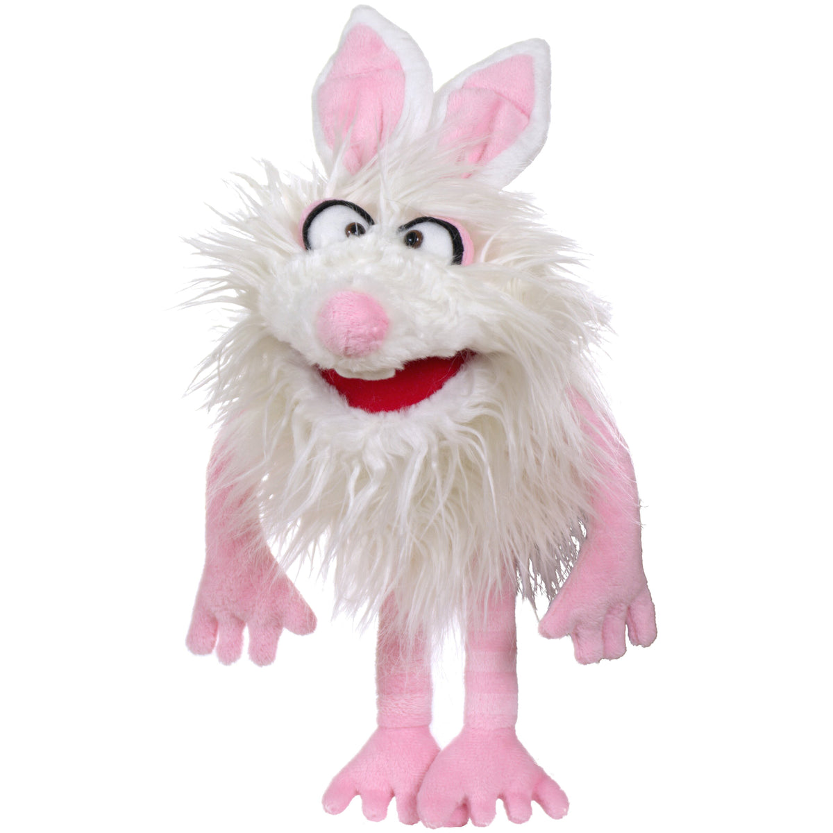 Living Puppets Furball white bunny rabbit hand puppet with pink inner ears, nose, and body, white fluffy head and beard
