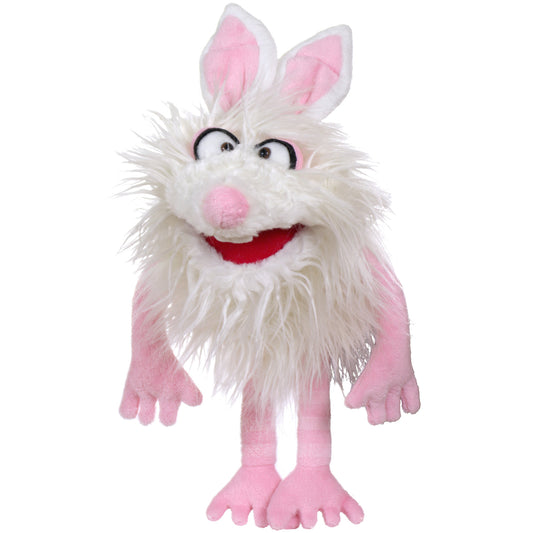 Living Puppets Furball white bunny rabbit hand puppet with pink inner ears, nose, and body, white fluffy head and beard