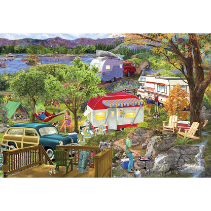 Eurographics 550 Piece Camping Trailer Puzzle featuring vintage RVs and outdoor camping scene