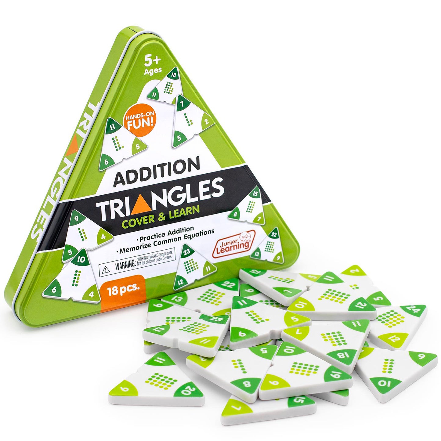 Addition Triangles Cover & Learn math game set with green triangular tiles in storage case
