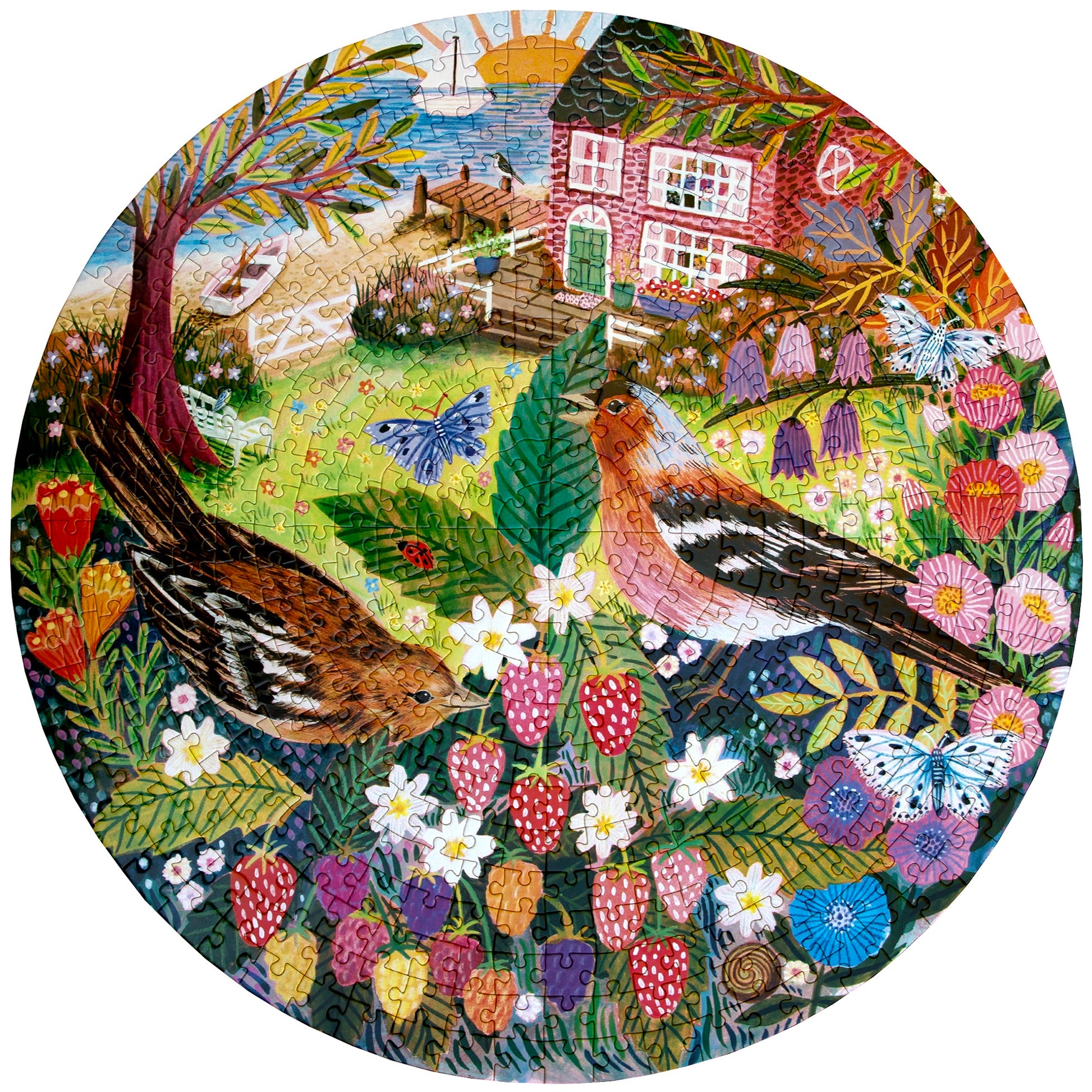 Piece&Love Birds By The Sea 500pc Puzzle with colorful garden, birds, butterflies and cottage