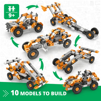 Engino STEM 10-Model Car Building Set with orange and gray brick vehicles showing transformation sequence