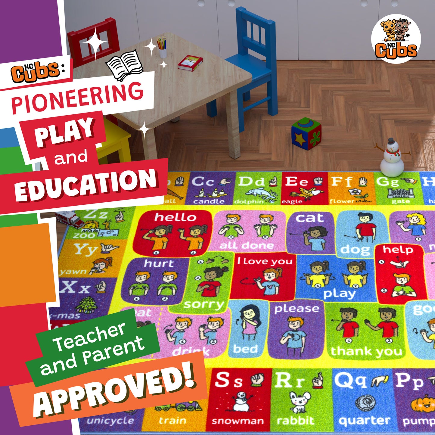 KC Cubs Educational ABC Alphabet ASL Sign Language Playmat Rug with colorful letters and learning activities