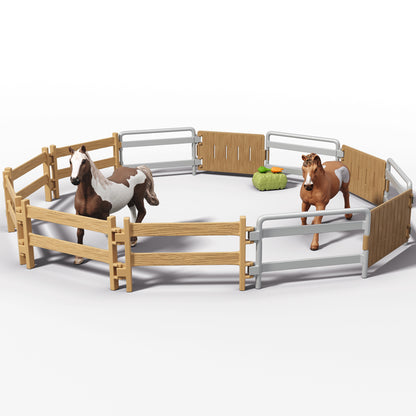 Horse Club Lakeside Truck & Trailer set with wooden and metal fence panels, two brown horses, and green hay feeder