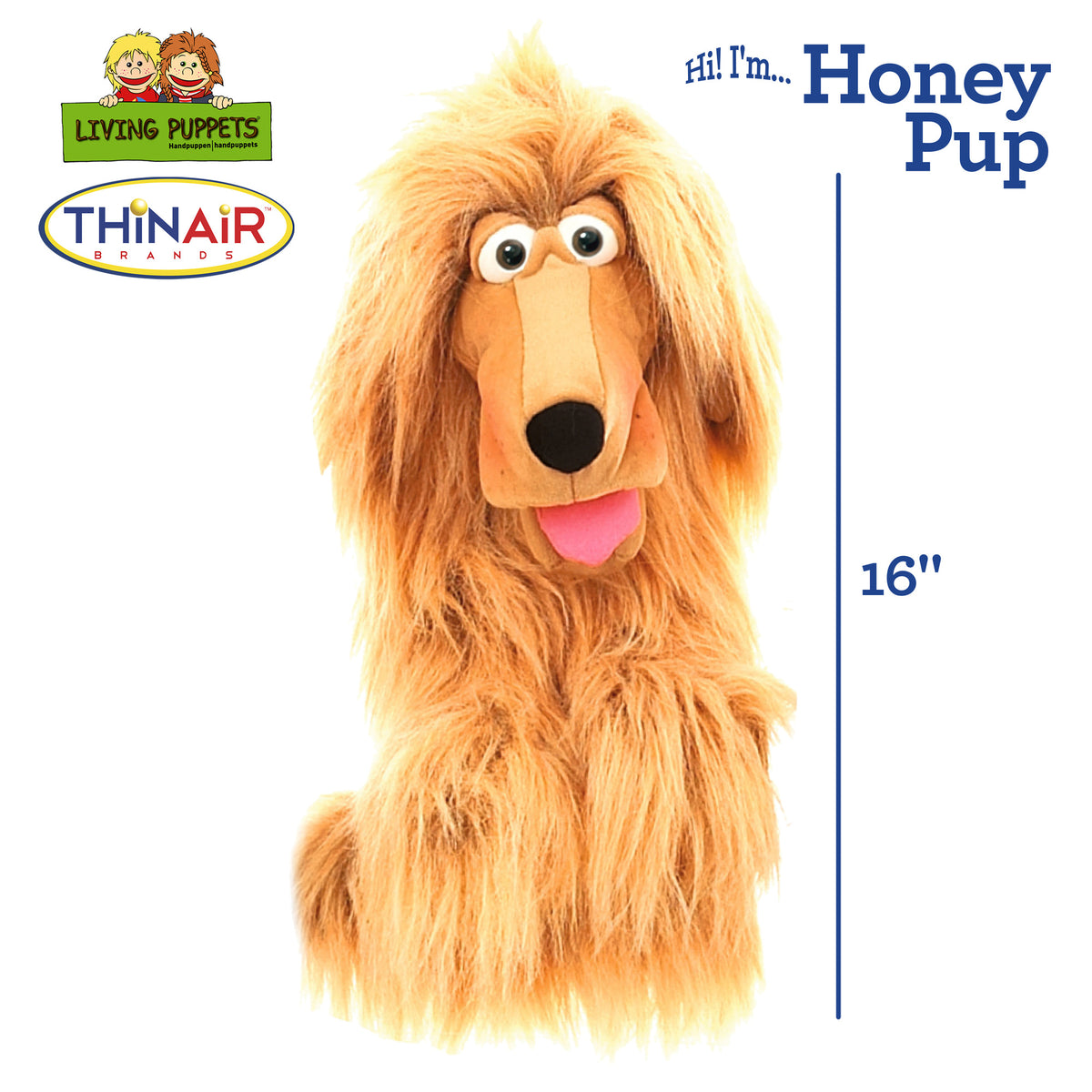Living Puppets Honey Pup hand puppet, golden-tan fluffy dog with long ears and pink tongue
