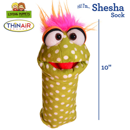 Shesha Sock hand puppet by Living Puppets, with olive green body, white polka dots, pink and orange sock puppet