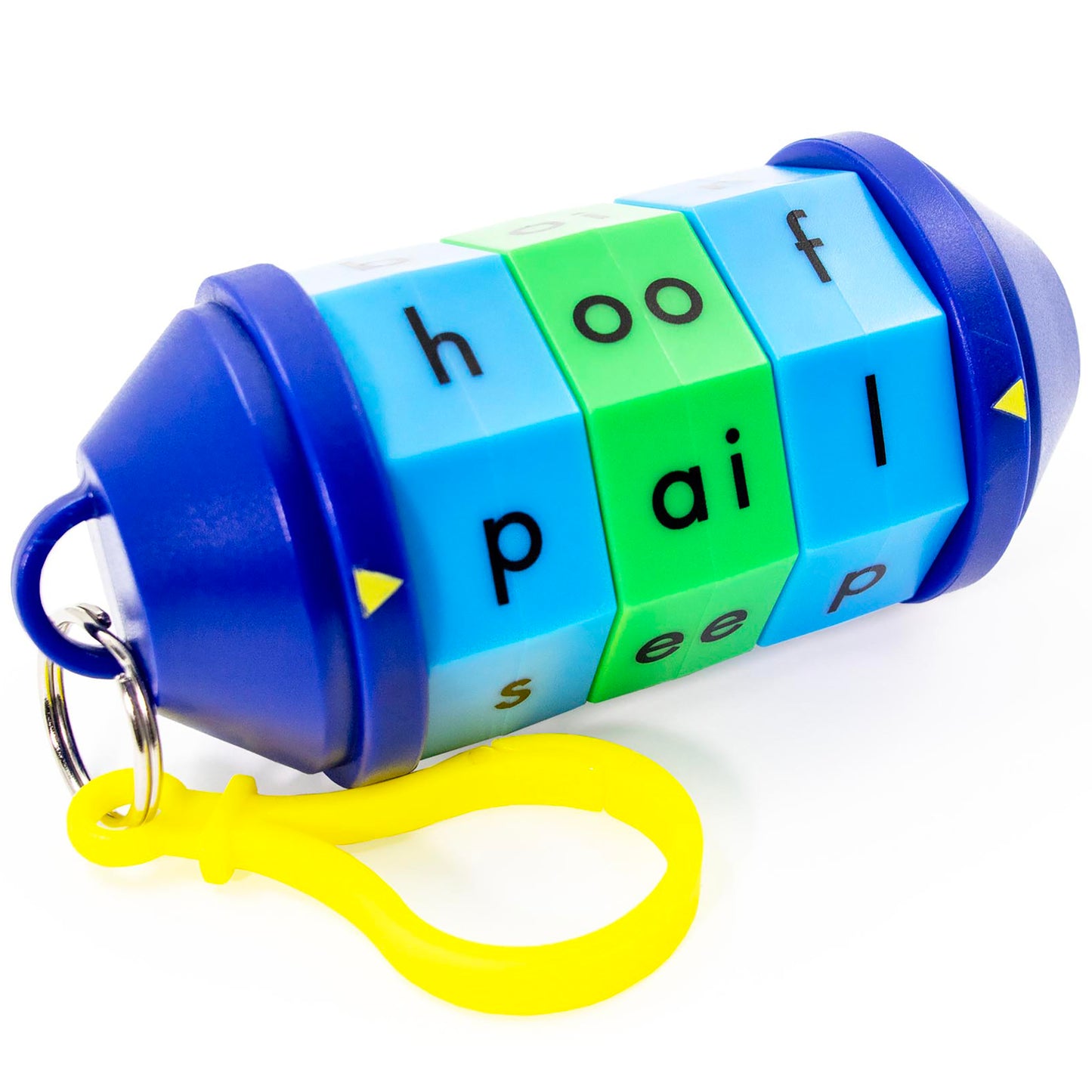 Junior Learning Word Tumbler phonics fidget toy with blue barrel, colorful letter tiles, and yellow keychain