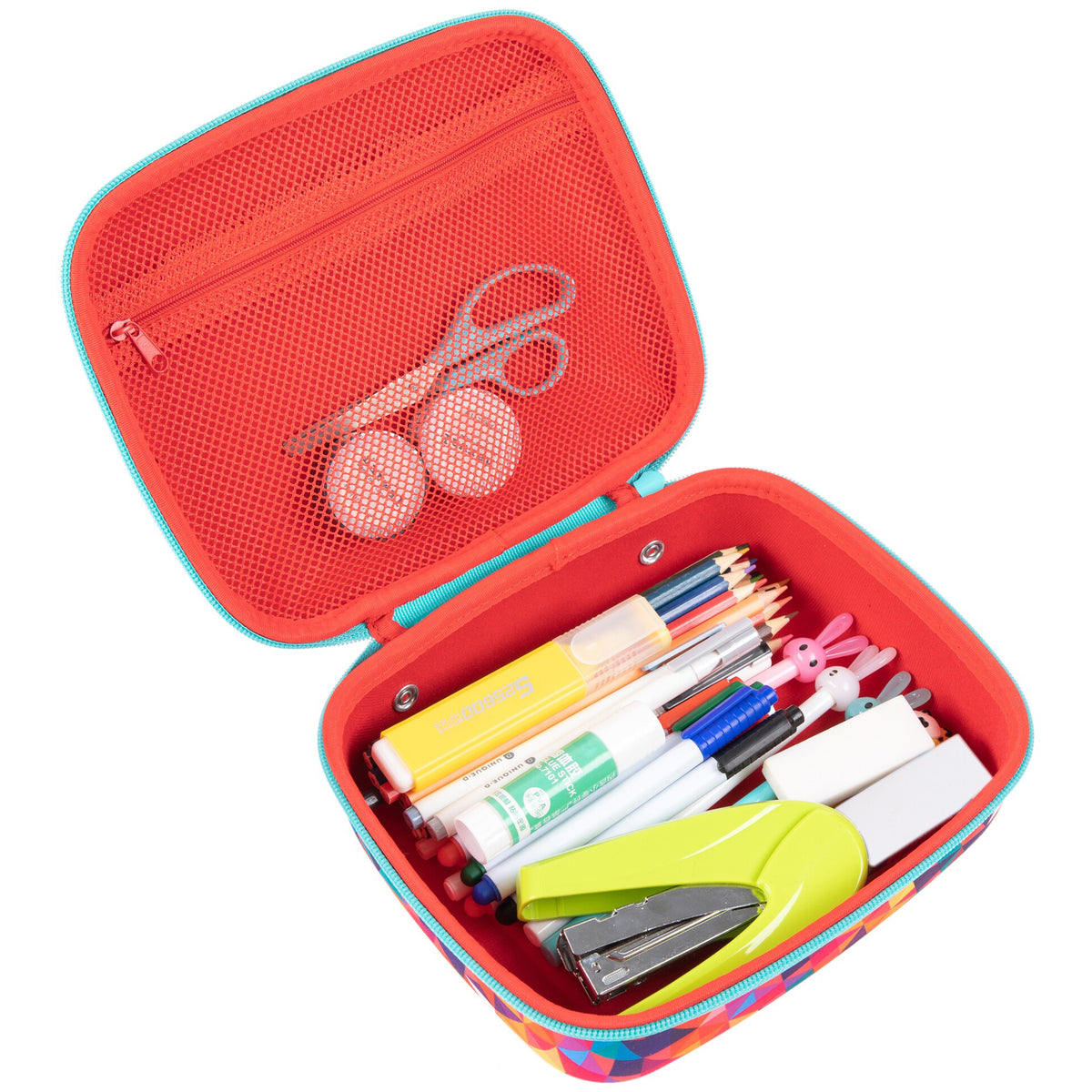 ZIPIT Jumbo Pencil Case in colorful design, open to show organized school supplies including pencils, markers, scisso...