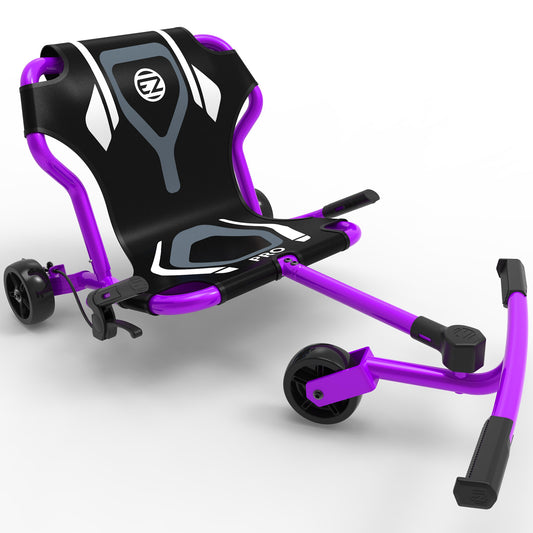 EzyRoller Pro X pedal-free ride-on in purple and black with hand brakes and extendable frame