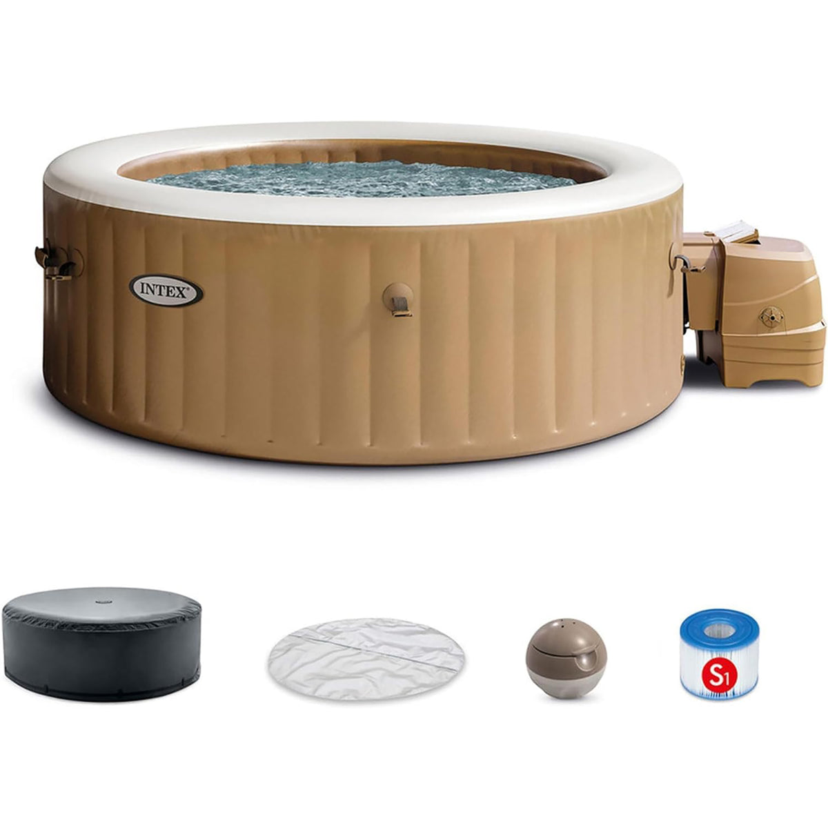 Intex PureSpa Sahara Tan inflatable hot tub with tan exterior, white rim, and blue water visible inside, shown with included accessories: dark cover, white ther