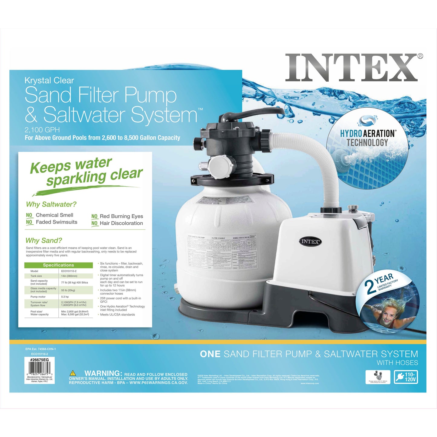 Intex 120V Sand Filter Pump & Saltwater System with white tank and black pump head
