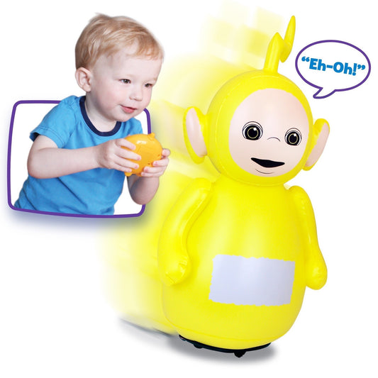 Bright yellow Teletubbies Laa Laa RC inflatable toy with antenna, glowing effect, and speech bubble saying 'Eh-Oh!' modeled by a child in blue shirt holding rem