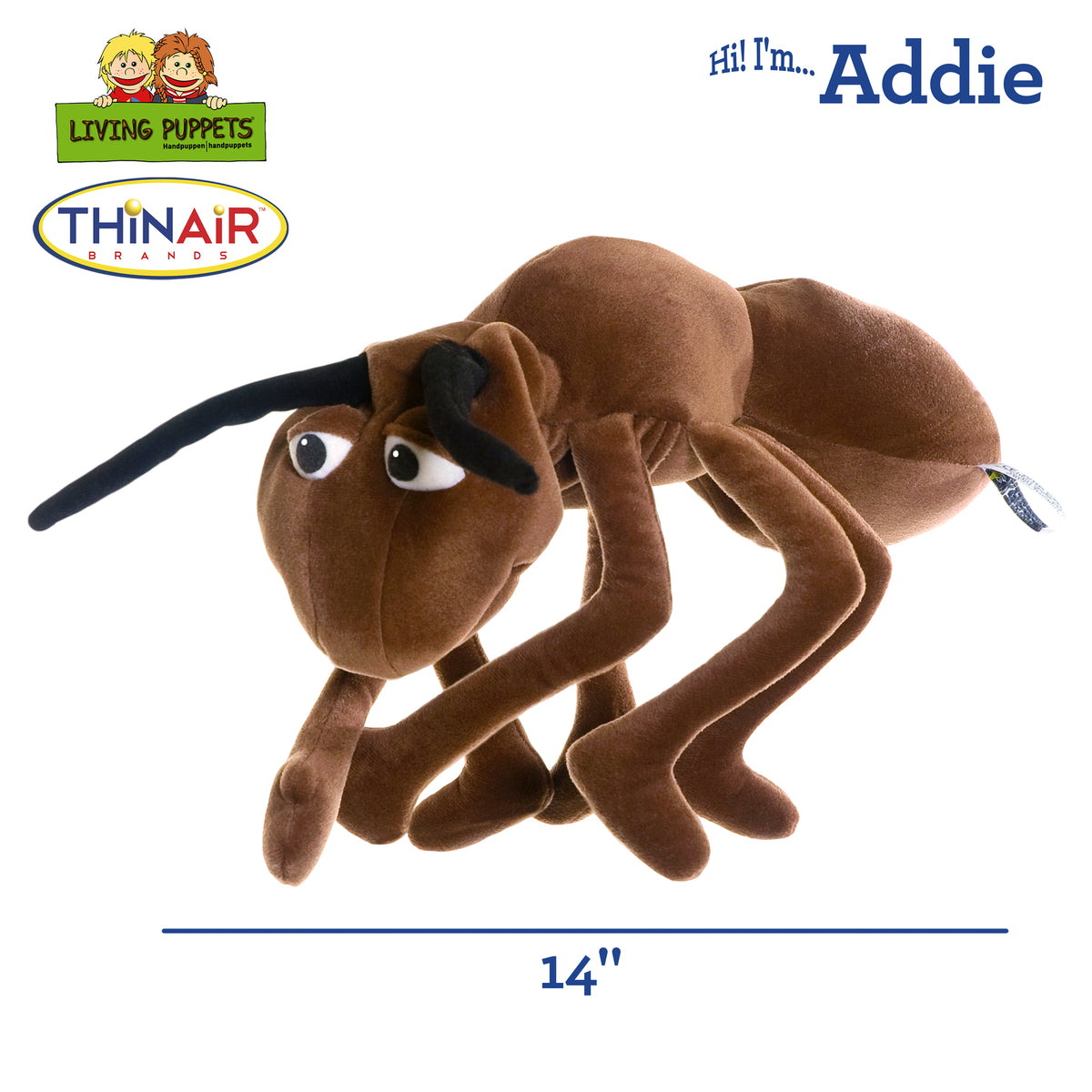 Living Puppets Addie The Ant hand puppet, 14 inches, brown ant with black antennae and movable head