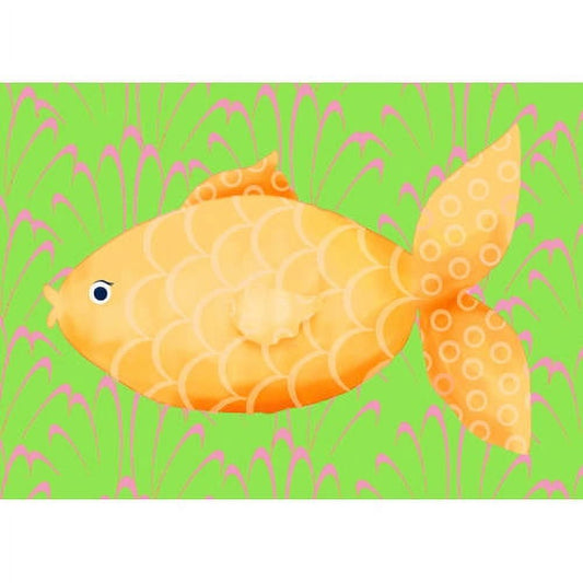Illustrated yellow and orange goldfish with scaled pattern swimming among pink seaweed on green background