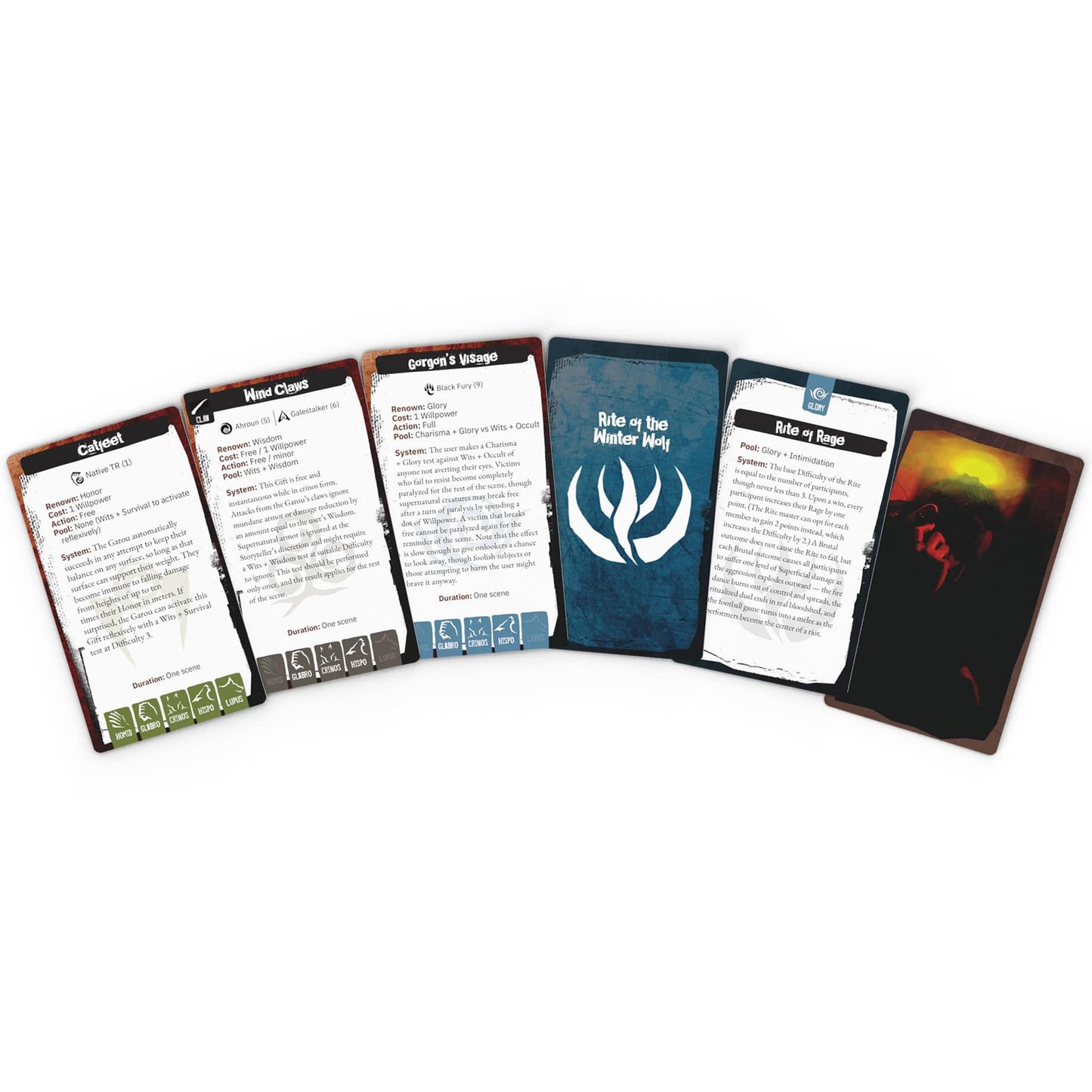 Werewolf: The Apocalypse Gift & Rite Deck expansion cards fanned out showing reference cards with blue and brown designs