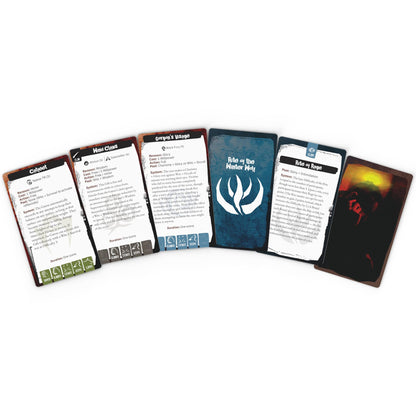 Werewolf: The Apocalypse Gift & Rite Deck expansion cards fanned out showing reference cards with blue and brown designs