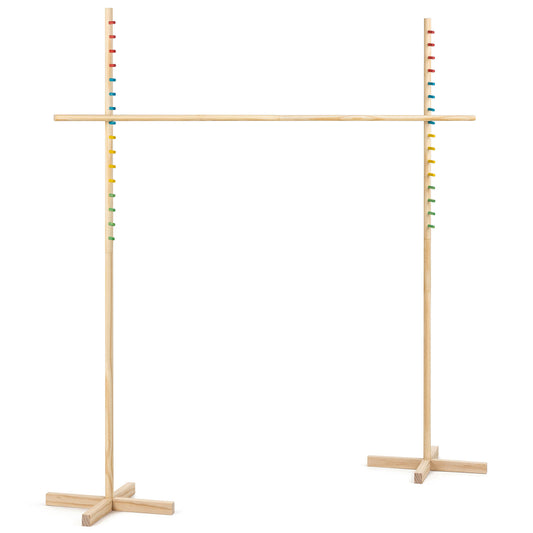 Wooden limbo game set with two vertical poles connected by a horizontal crossbar, colorful pegs on poles, and wooden base stands