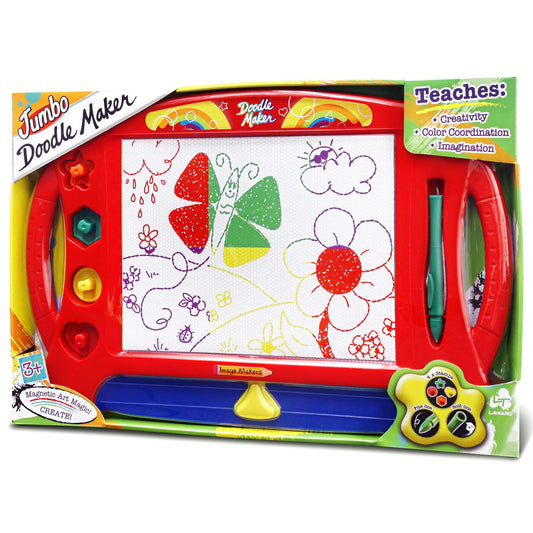 Lanard Jumbo Doodle Maker red magnetic drawing board with colorful artwork, stamps, and stylus pen