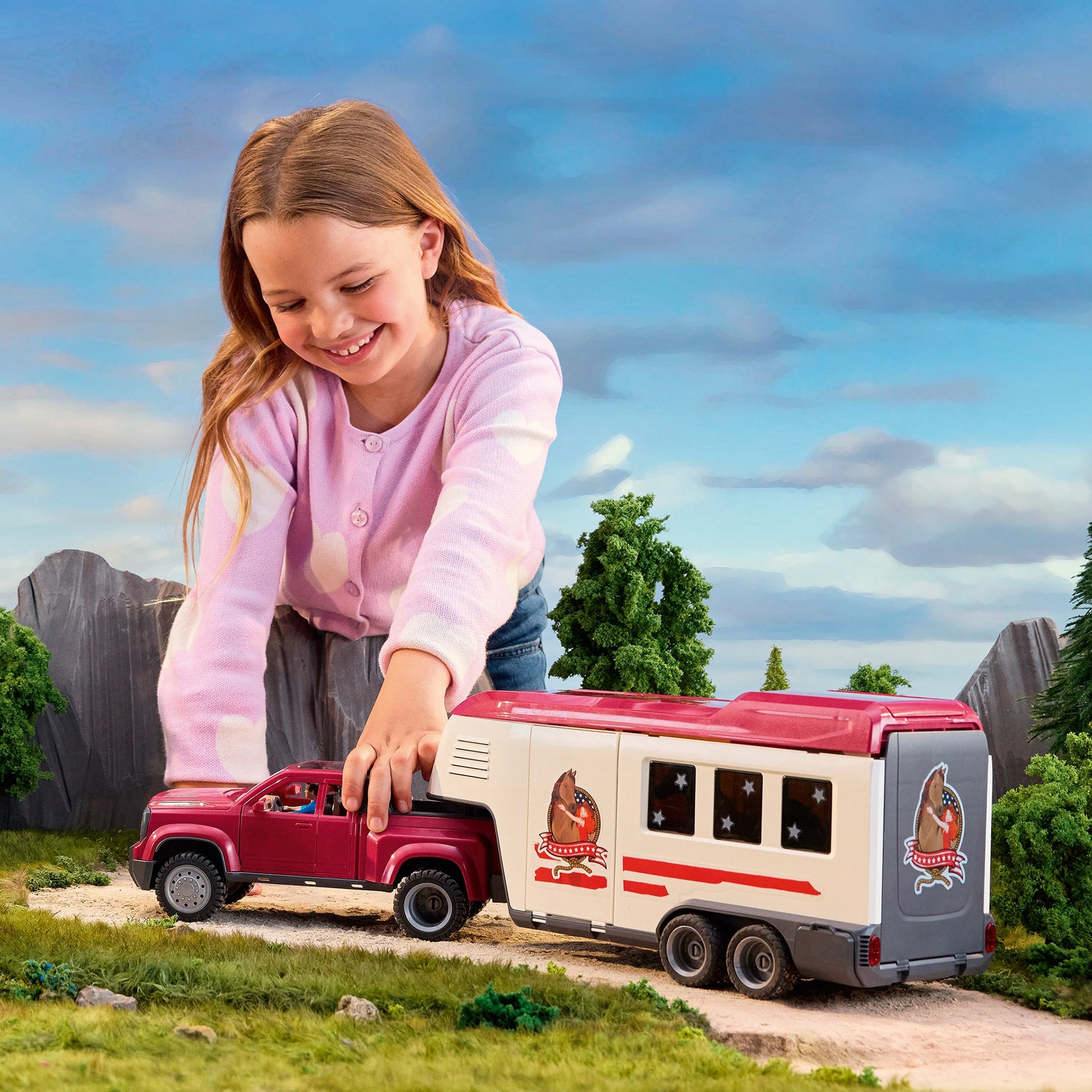 Horse Club Lakeside Truck & Trailer toy set with red pickup truck and white horse trailer