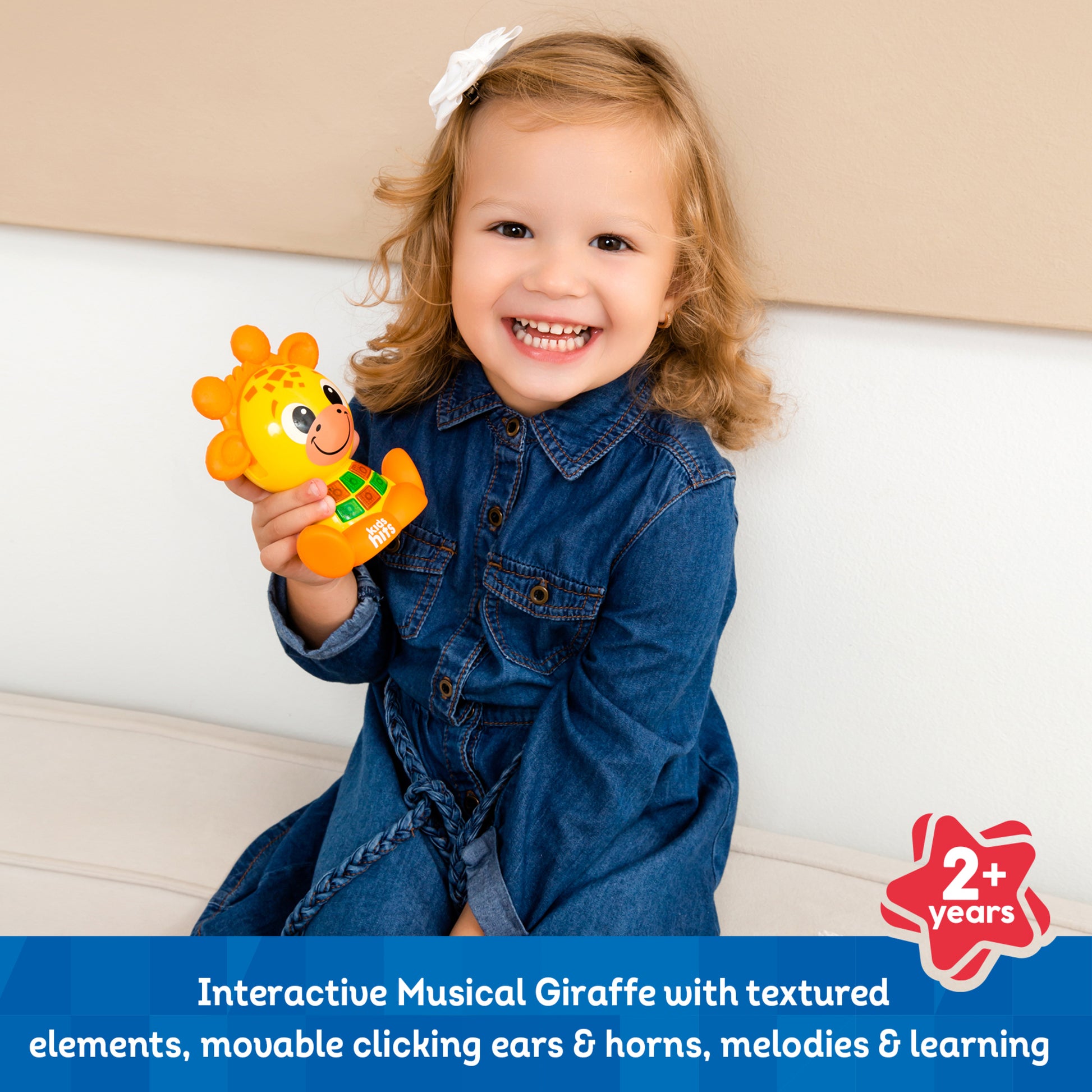 Babykins Giraffe musical toy with yellow and orange colors, interactive buttons, and moving parts for toddlers