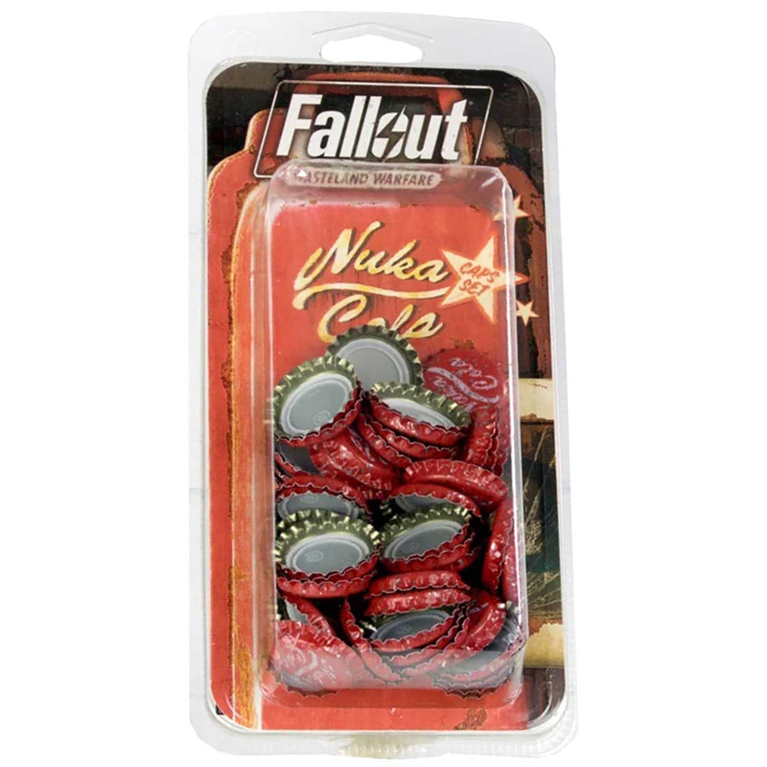 Fallout Nuka Cola Caps red bottle cap tokens with metal details in packaging