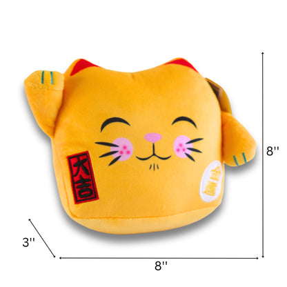 Maneki Neko Gold Velboa Cushion - Closed Eye Design, 8 Inch