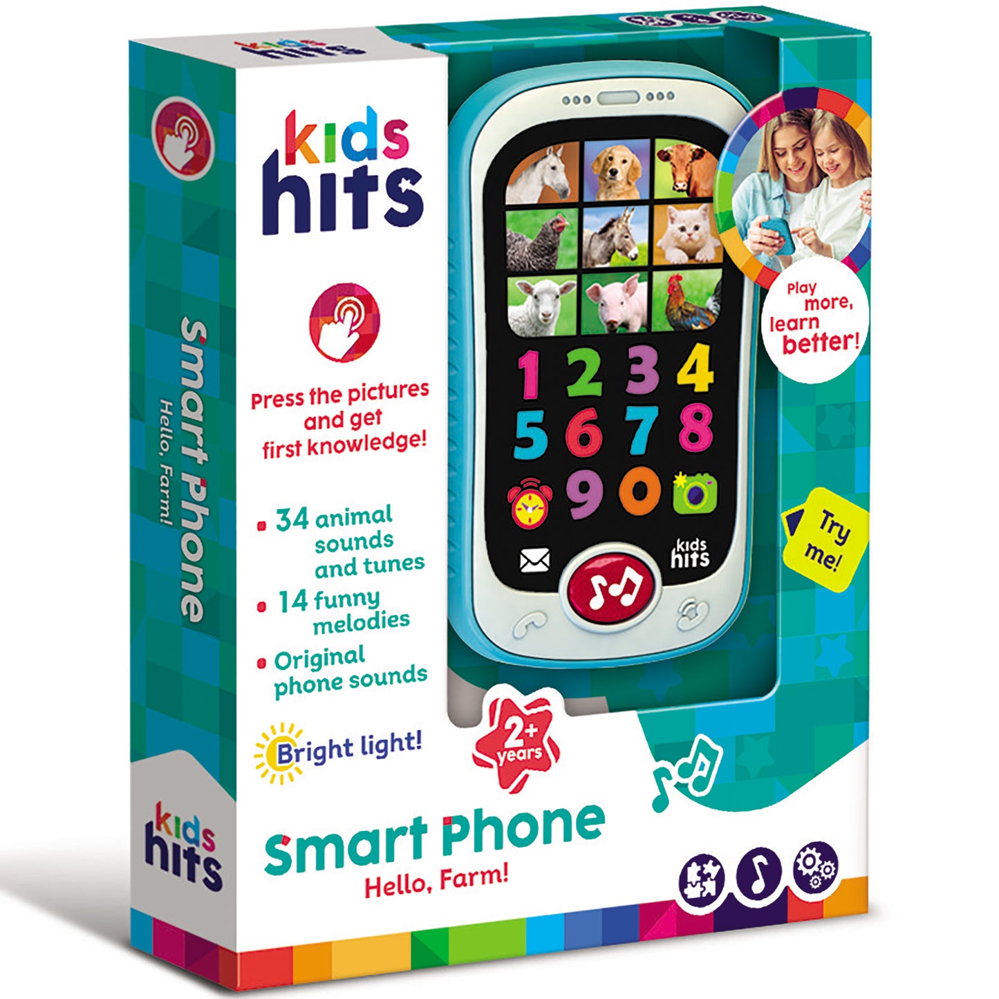 Kids Hits Smart Phone Hello Farm toy with colorful numbers, animal pictures, and light-up screen for toddlers