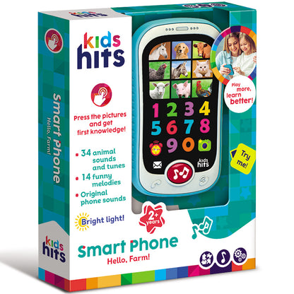 Kids Hits Smart Phone Hello Farm toy with colorful numbers, animal pictures, and light-up screen for toddlers