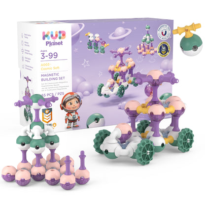 KUB Planet Cosmic Soft Magnetic Building Set with 55 colorful purple, pink, and green pieces for ages 3+