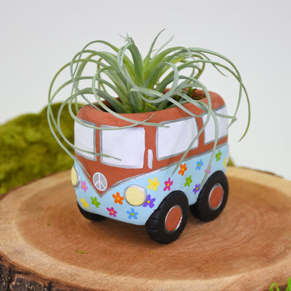 Terra cotta clay van planter with green air plant, colorful flower design