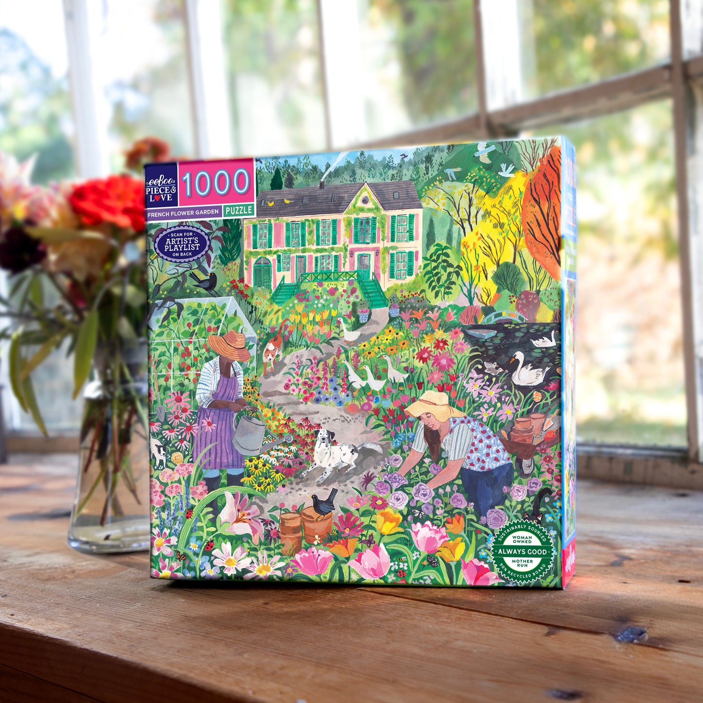 Piece&Love French Flower Garden 1000 piece puzzle box featuring colorful garden scene with house