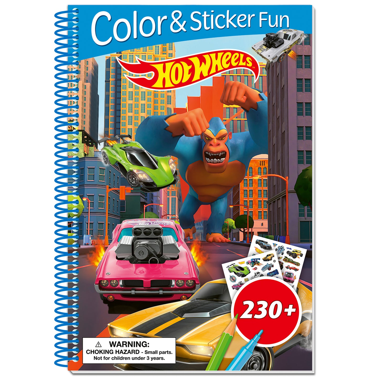 Hot Wheels Color & Sticker Fun spiral-bound activity book with 230+ stickers and 3D cover